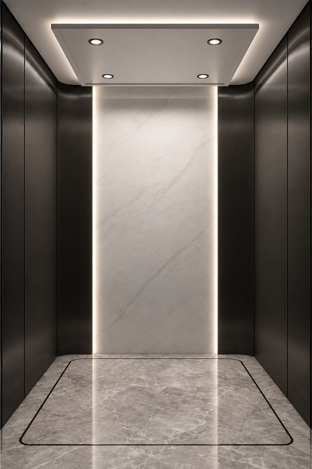Front-on view of the dark cabin concept, with charcoal walls, a lit stone rear panel and no handrails