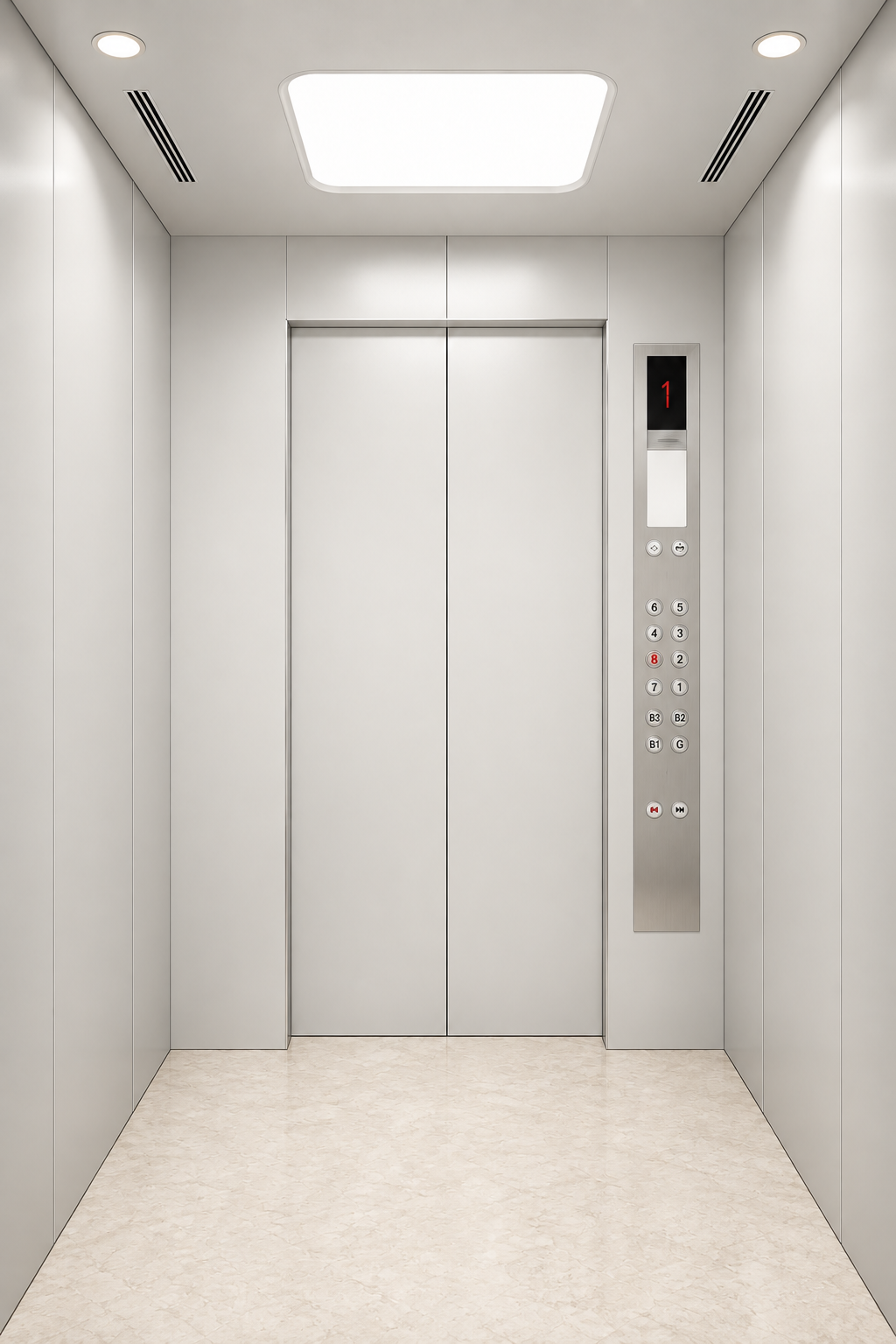 White cabin concept viewed toward the front entry doors