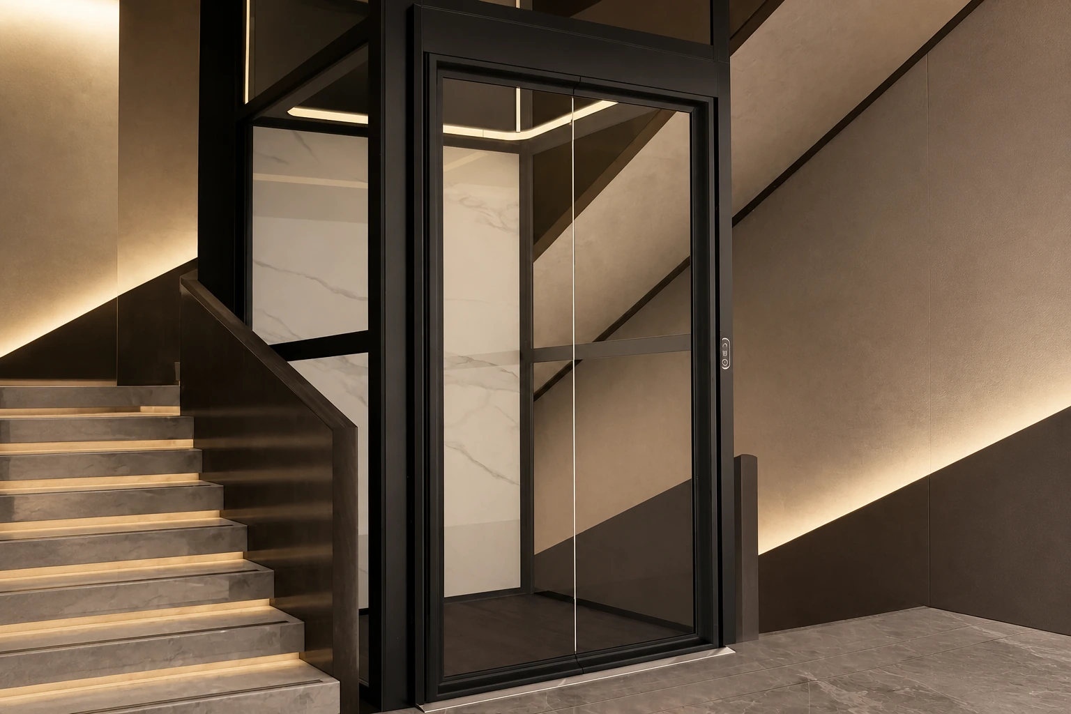L3 home lift concept beside a residential staircase