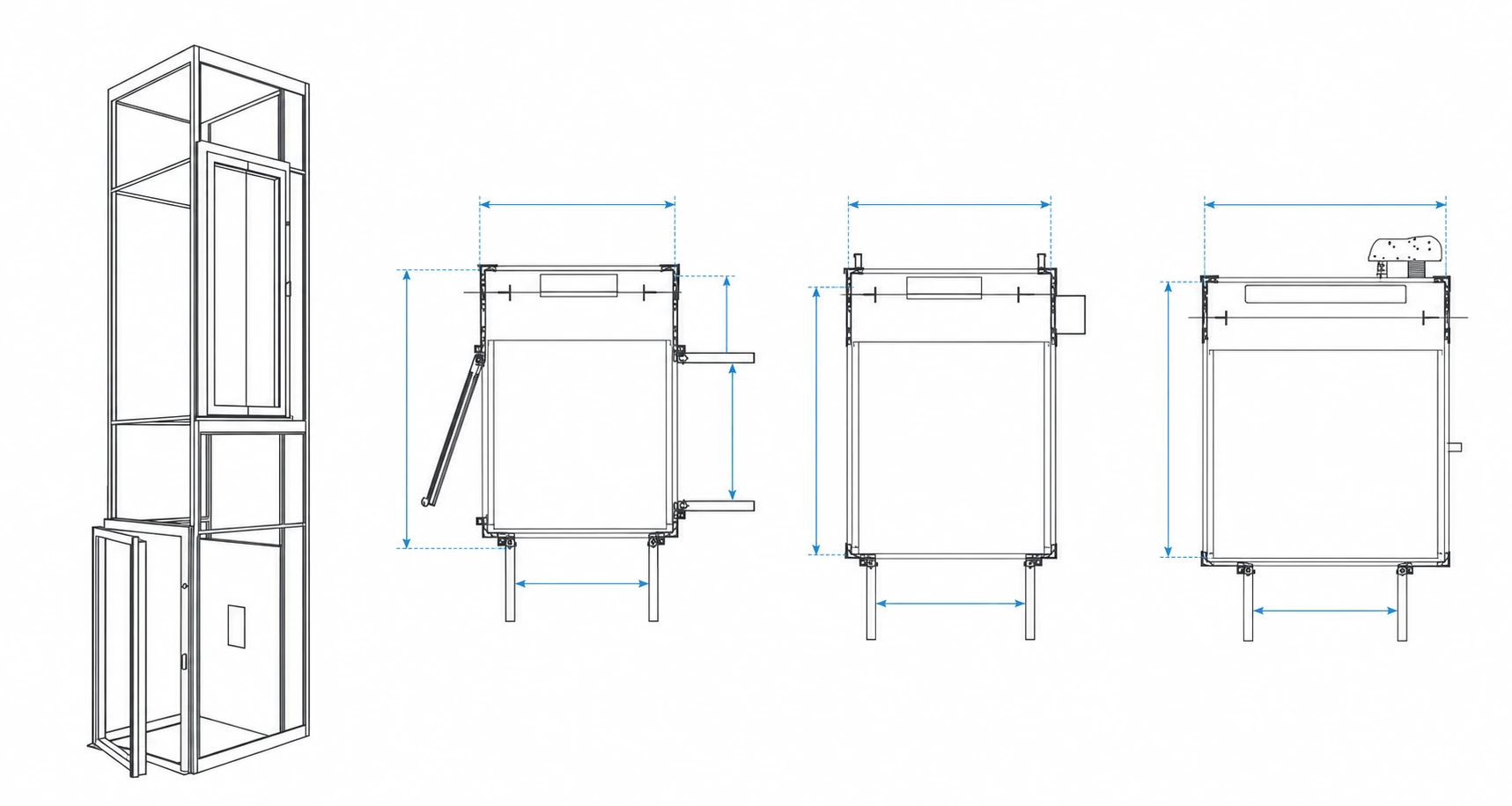 L3 lift tower and dimensioned plan-view shaft arrangement diagrams