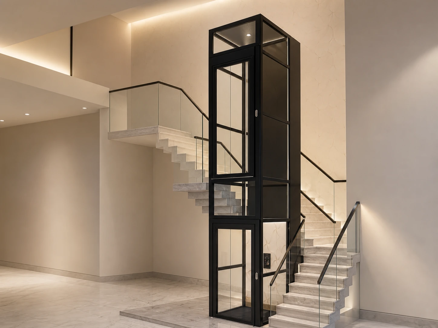 Two-storey L3 glass home lift installed beside a staircase