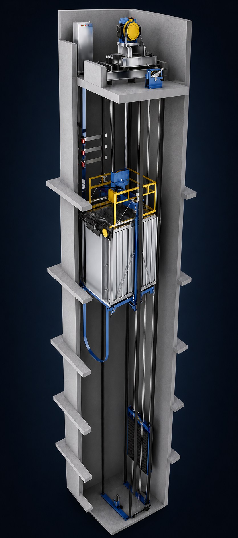 Enhanced 3D cutaway of a passenger elevator traction system with machine room, car, counterweight, guide rails and buffers